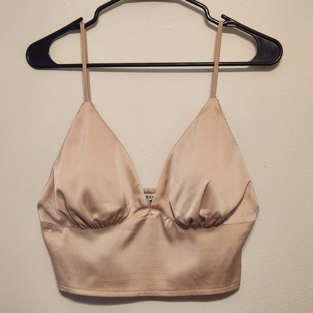 Haute Monde Satin Bralette Crop Top - Tan